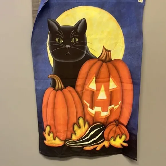 Halloween Night Large Flag with Cat, Jack O’ Lantern, Pumpkin, Leaves and Gourds - Picture 8 of 12